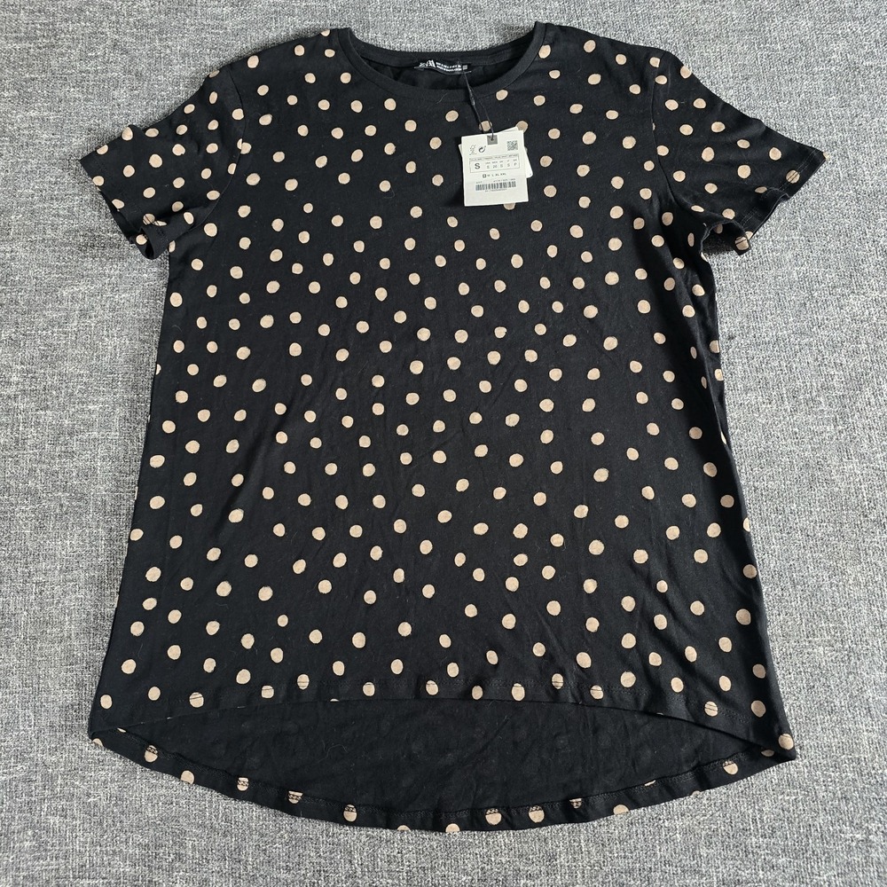 NWT Zara Black Tan Polka Dot Short Sleeve T-Shirt Shirt Women's Size Small